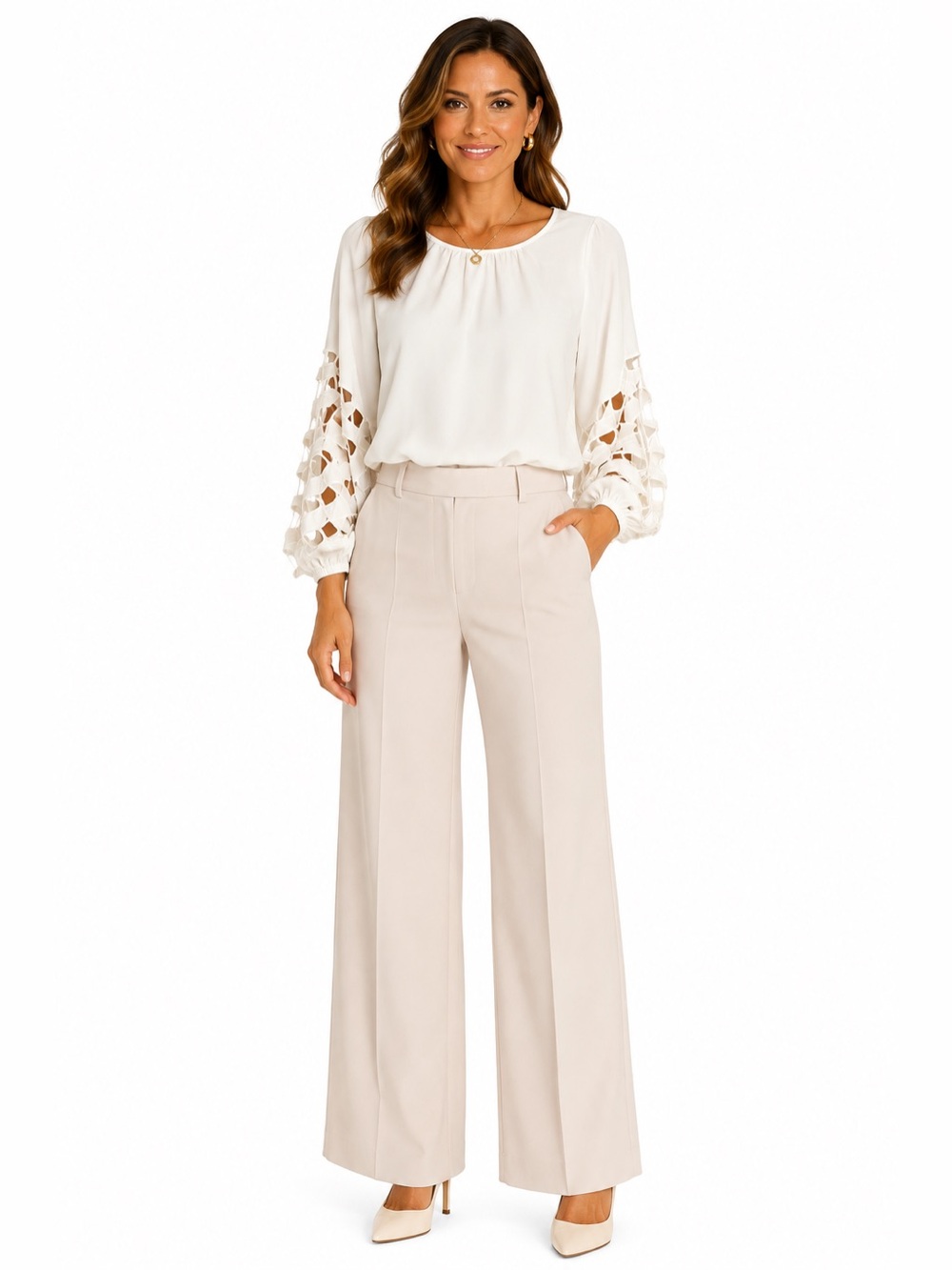 Joie Ivory Blouse Cutout Lattice Geometric Balloon Sleeve Large